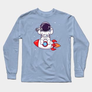 Cute Astronaut Lifting Dumbbell On Rocket Cartoon Long Sleeve T-Shirt